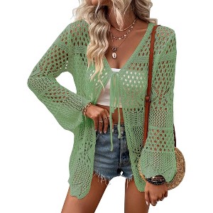 Womens Cardigan Spring Tops Sheer Lightweight Summer Cardigan Beach Cover Up Tops V Neck Lantern Sleeve Sweater Cardigan - 1 of 4