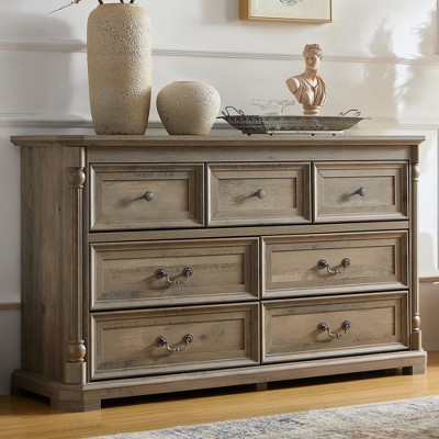 Brafabhome Mid-Century Solid Wood Dresser with 7 Drawers for Bedroom, Vintage Chest of Drawers Double Dresser for Living Room Hallway | Light Brown