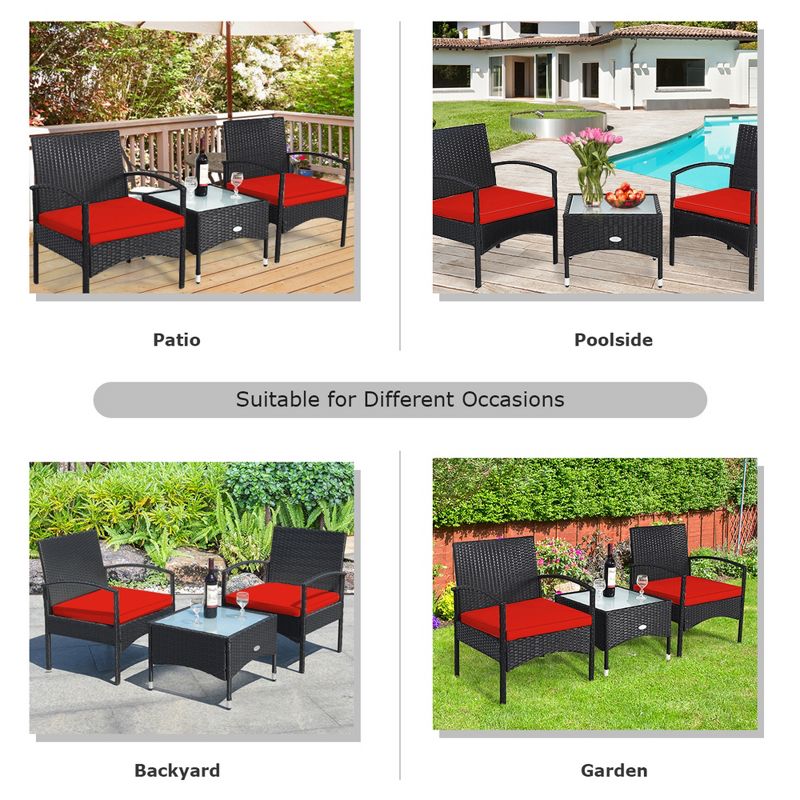 Tangkula 3 PCS Patio Wicker Rattan Furniture Set Coffee Table & 2 Rattan Chair w/ Cushion Red, 5 of 9