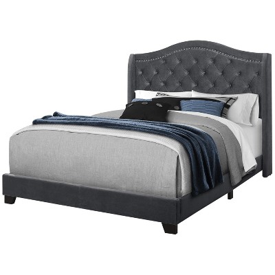 Monarch Specialties Bed Queen Size Platform Bedroom Frame Upholstered Velvet Wood Legs Grey Chrome Traditional