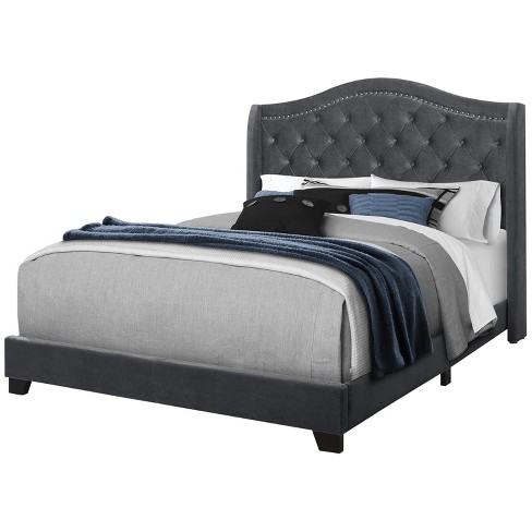 Monarch Specialties Bed Queen Size Platform Bedroom Frame Upholstered Velvet Wood Legs Grey Chrome Traditional - image 1 of 4