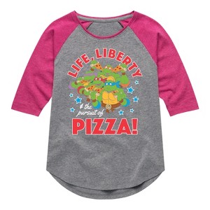 Girls' - Teenage Mutant Ninja Turtles - Life Liberty Pursuit Of Pizza Shirt Tail Raglan Graphic T-shirt - 1 of 4