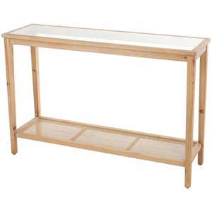 Olivia & May Wood Slim Natural 1 Shelf Console Table with Glass Top and Rattan Shelf Brown - 1 of 4