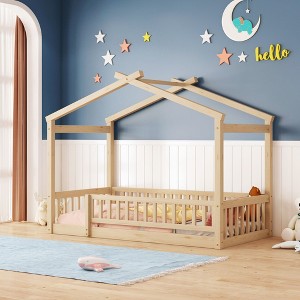 CAVINAS Twin/Full Size House Bed Frame with High Fence,Modern Floor Bed for Kids Room,Bedroom - 1 of 4