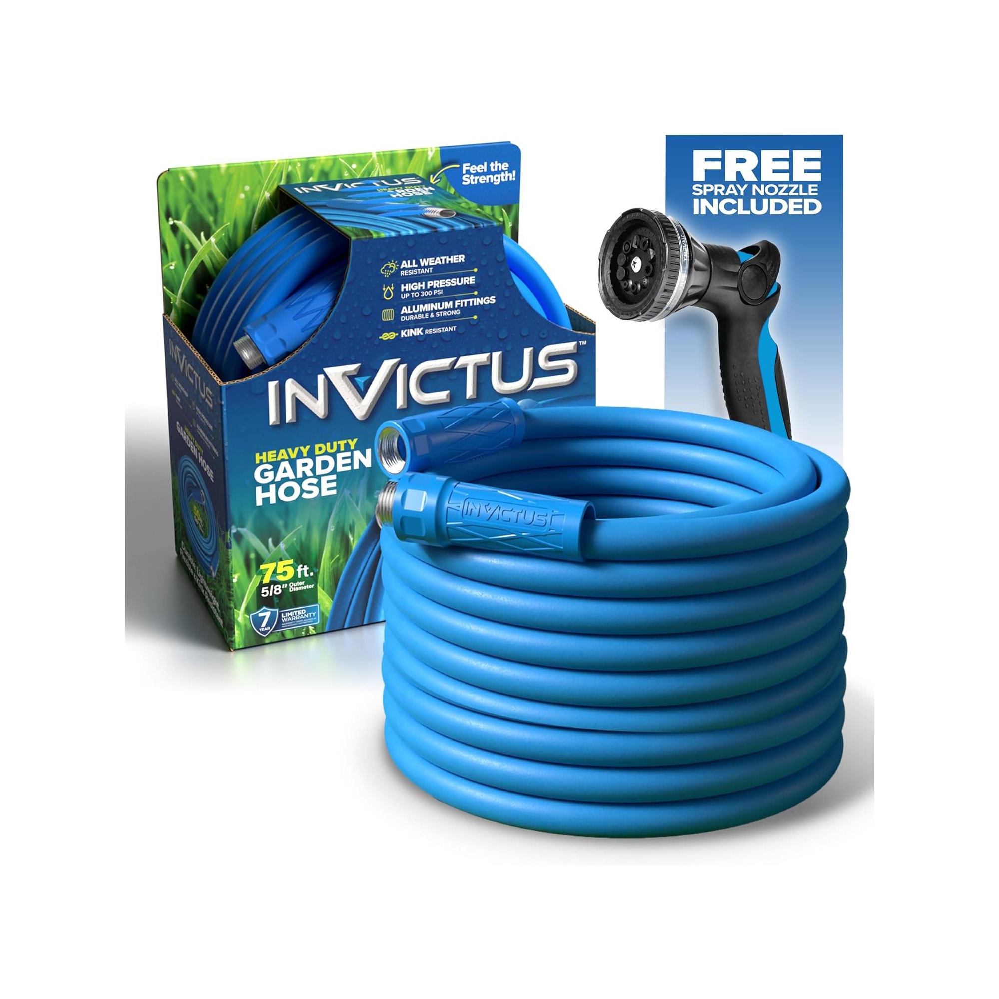 Invictus Garden Hose Heavy Duty Water Hose 75Ft with Spray Nozzle Kink-Free, 400 PSI High Pressure Garden Hose
