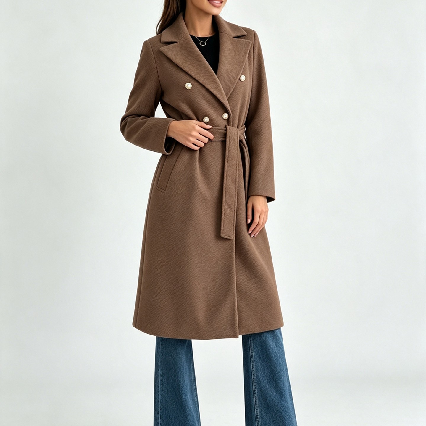Женское пальто YesFashion Double Breasted Long Trench Coat, Belted Lapel Collar Elegant Winter Outerwear Overcoat Black, цвет: Чёрный — фото 1