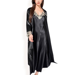 Anna-Kaci Women's Satin Long Robe and Lace Trim Nightgown Set- Black,Small - 1 of 4