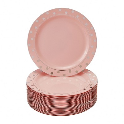 Silver Spoons Charming Dots Plastic Plates for Party, Heavy Duty Disposable Dinner Set, Dessert Plates (7.5”), Pink/Gold (24 PC)