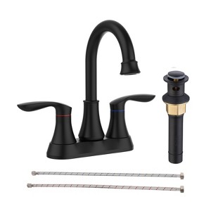 Cobbe Bathroom Faucet Matte Black with Pop-up Drain & Supply Hoses 2-Handle 360 Degree High Arc Swivel Spout Centerset 4 Inch Vanity Sink Faucet - 1 of 4