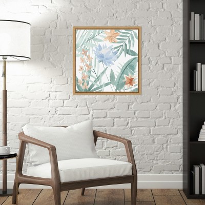 Tropical Palm and Blossoms Botanical Canvas Print in Wooden Frame