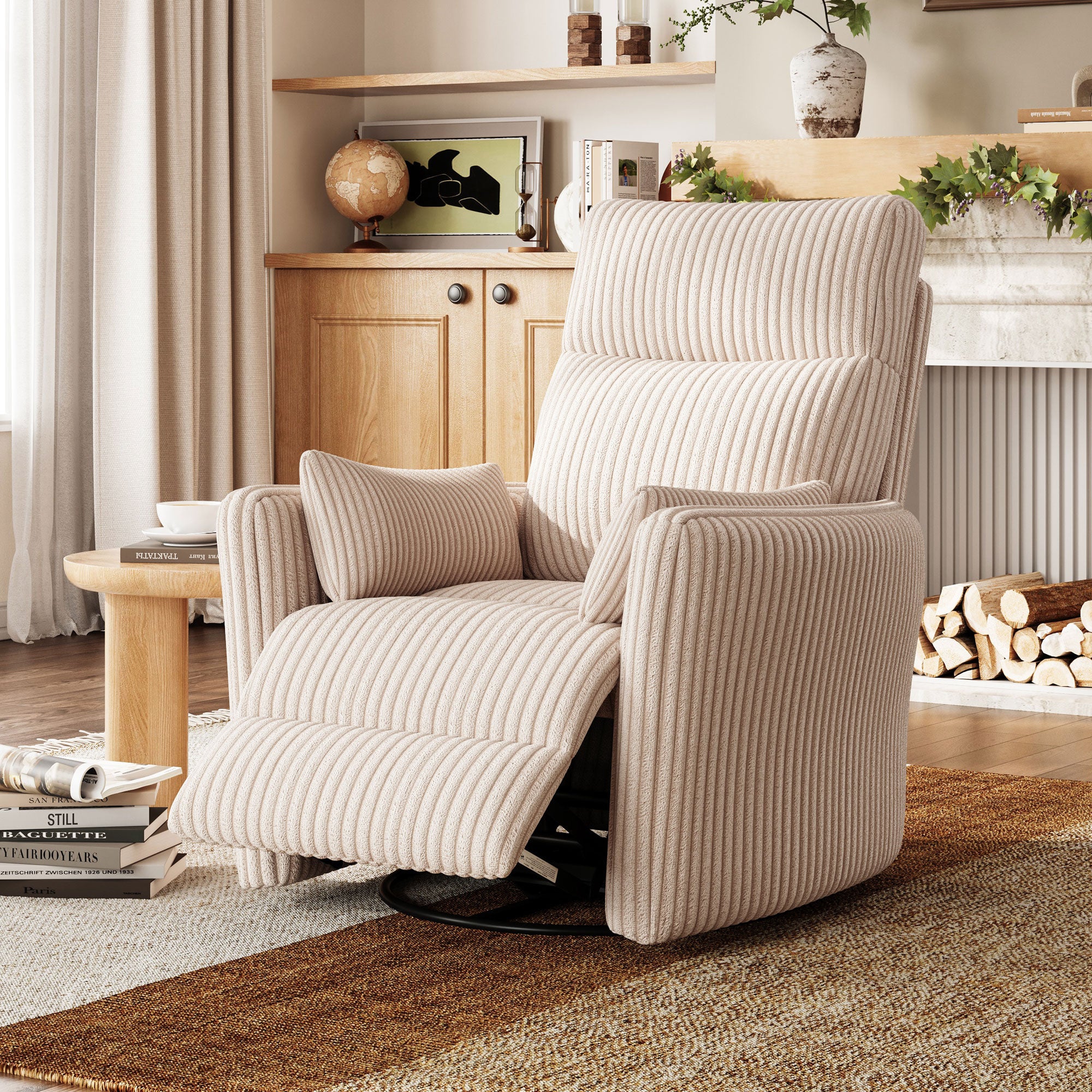 360 Swivel Rocking Recliner Chair: Corduroy Nursery Glider Rocker Chair with 2 Pillows