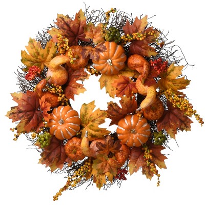 22" Artificial Maple Leaf Autumn Wreath with Pumpkins, Gourds and Berries - National Tree Company