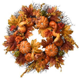 22" Artificial Maple Leaf Autumn Wreath with Pumpkins, Gourds and Berries - National Tree Company - 1 of 4
