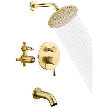 Sumerain Pressure Balance Shower and Tub Faucet Set Brushed Gold with High Flow Waterfall Tub Spout