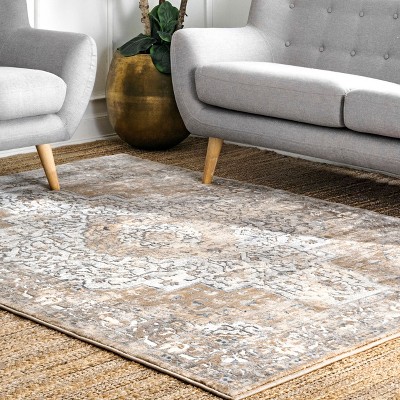 Beige and Gray Synthetic Medallion Runner Rug, 2' x 8'
