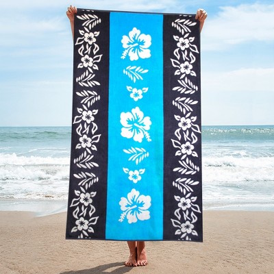 Hibiscus Floral Oversized Blue and Navy Cotton Beach Towel