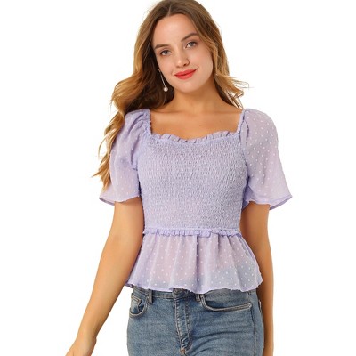 Allegra K Women's Smocked Square Neck Semi-Sheer Ruffle Summer Swiss Dots Blouse