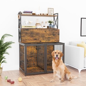 Dog Crate Furniture with Shelves Storage, Wooden Dog Crate End Table with Flip Top,Large Dog Cage for Indoor,3 Doors Pet Crate Furniture - 1 of 4