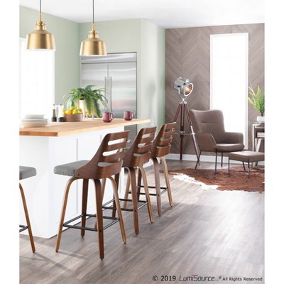 Modern Gray Upholstered Trevi Counter Stool with Walnut Swivel Base