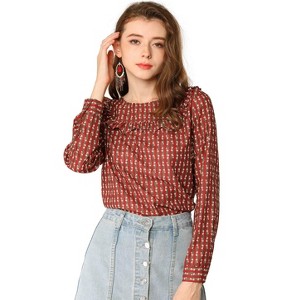 INSPIRE CHIC Women's Round Neck Long Sleeve Ruffled Front Blouse - 1 of 4