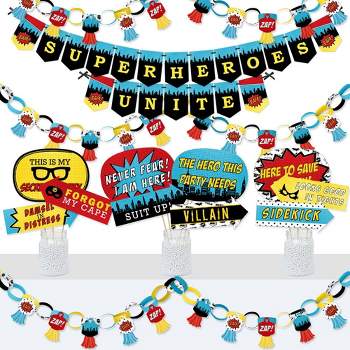 Big Dot of Happiness Bam Superhero - Banner and Photo Booth Decorations - Baby Shower or Birthday Party Supplies Kit - Doterrific Bundle