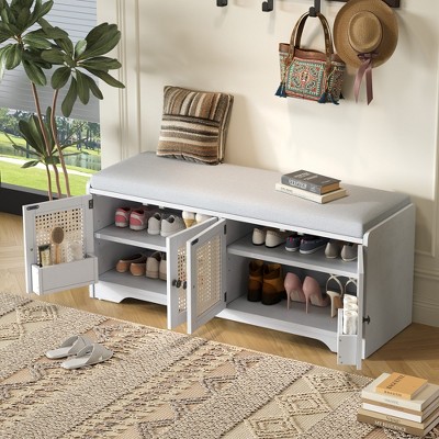 Airsurfer Wood Storage Bench with Cushion & Rattan Doors,Entryway Organizer with Adjustable Shelves,Boho Accent Bench for Hallway or Mudroom