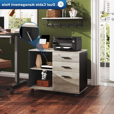 Greige 3-Drawer Wood Mobile Filing Cabinet with Open Shelves