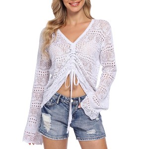 Womens Boho Sheer Crop Tops Drawstring Knitted,Off Shoulder Sheer Crop Tops - 1 of 4