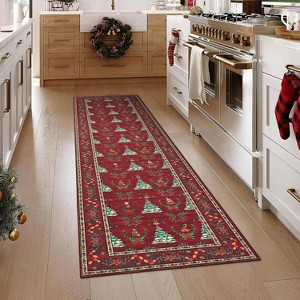 Christmas Runner Rug, Non-Slip Washable Indoor Carpet with Tree and Snowflake Pattern, Stain Resistant Kitchen Floor Mat for Hallway - 1 of 4