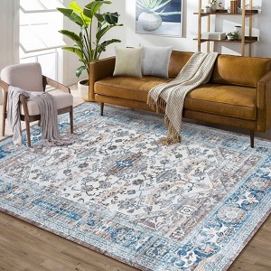 Vintage Floral Print Area Rug Washable Oriental Distressed Rugs Non Slip Stain Resisitant Soft Low Pile Traditional Carpet for Bedroom Living Room - 1 of 4