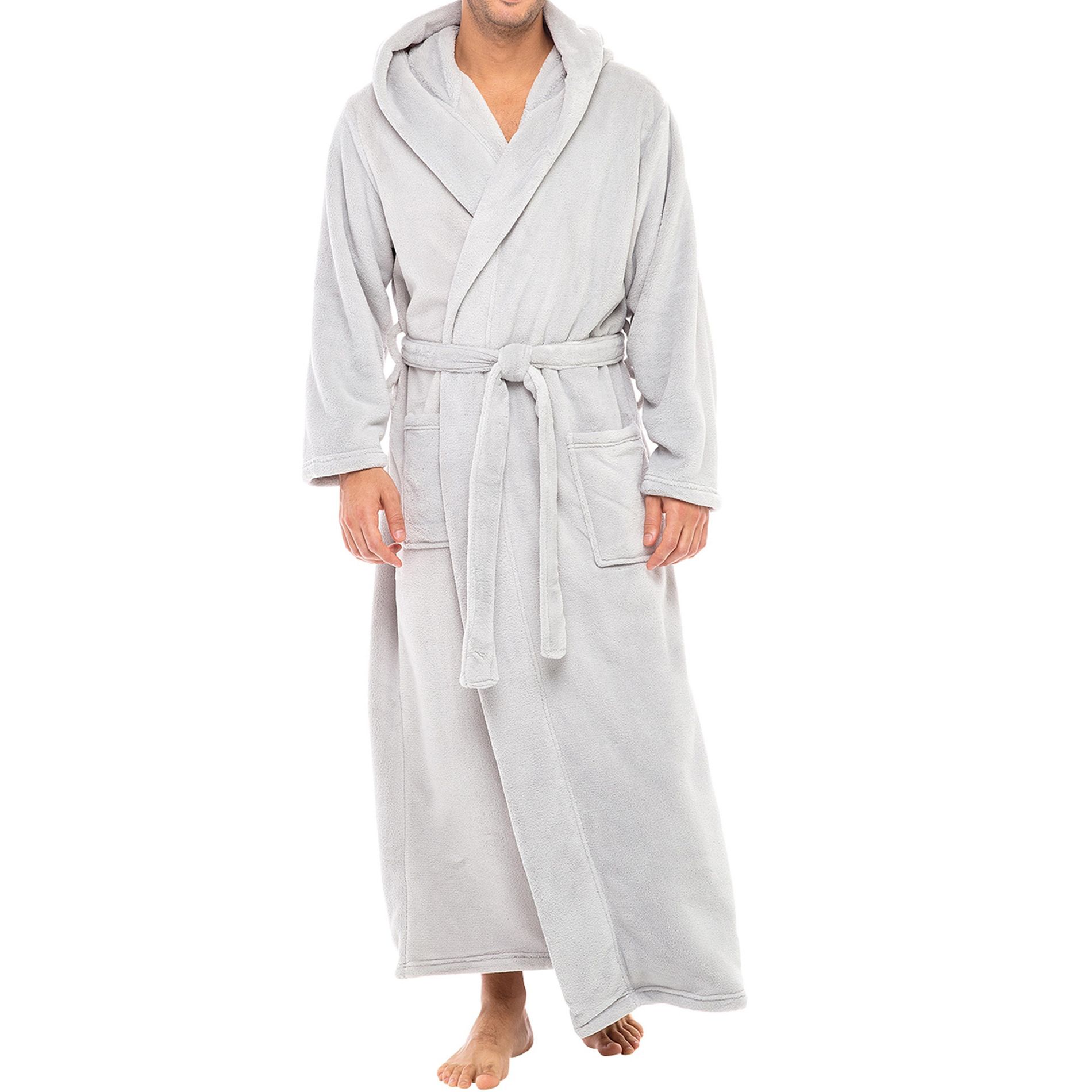 ADR Mens Robe, Plush Fleece Hooded Bathrobe Men, Men's Bathrobes, Big and Tall Bath Robe for Men Light Gray Large
