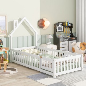 CAVINAS Twin/Full Size Bed Frame with House-Shaped Headboard & Fences,Modern Floor Bed for Kids Room,Bedroom - 1 of 4