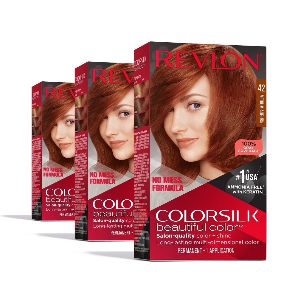 Photos - Hair Dye Revlon ColorSilk Beautiful Color 100 Gray Coverage Ammonia-Free Permanent Hair Color - 042 Medium Auburn - 13.2 fl oz/3ct 42 