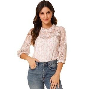 INSPIRE CHIC Women's 3/4 Sleeves Ruffle Mock Neck Sheer Lace Blouse - 1 of 4