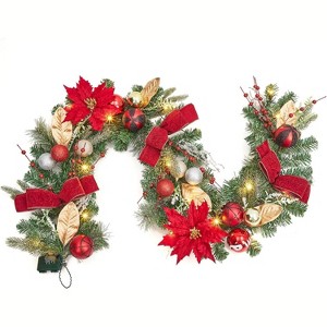 Christmas Garland with Bows & Ornaments, 6FT Red Gold Pre-Lit Garland, LED Lights for Mantel & Staircase Decor - 1 of 4