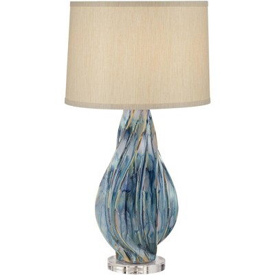 Possini Euro Design Teresa Teal Drip Modern Ceramic Table Lamp With USB Dimmer