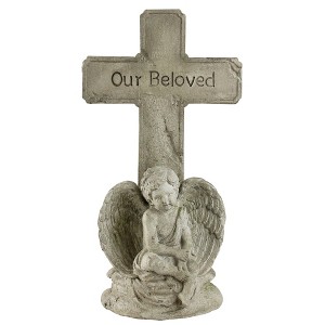 Roman 11.75" Sandy Brown "Our Beloved" Cross with a Seated Angel Religious Garden Memorial Statue - 1 of 3