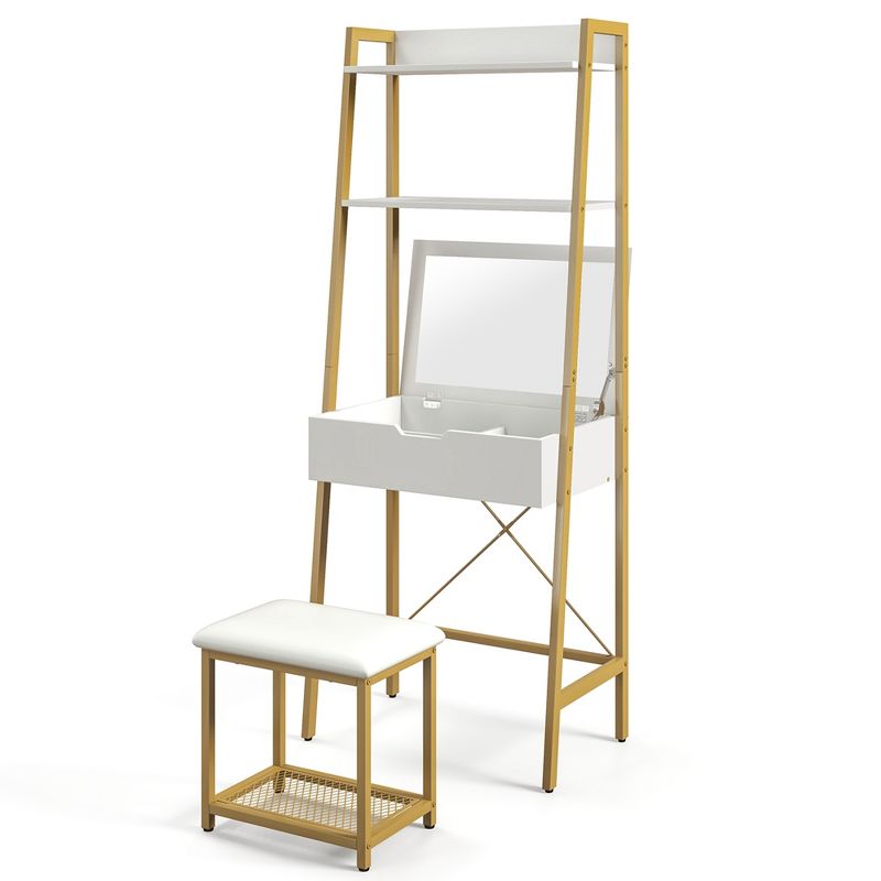 Costway Vanity Table Set Flip Top Mirror Ladder Storage Shelf Cushioned Stool Rustic, 2 of 11