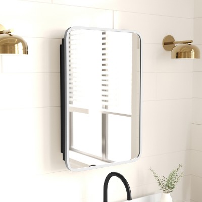 Merrick Lane Reversible Bathroom Wall Medicine Cabinet with Rounded Rectangular Beveled Mirror and Metal Frame and Shelves