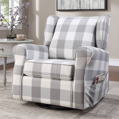 Gray Plaid Swivel Accent Chair with Wood Frame
