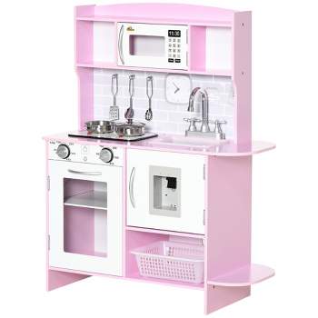Qaba Pretend Play Kitchen with Sound Effects and Stove Lights, Kids Kitchen Playset with Storage, Water Dispenser for 3-6 Years Old, Pink