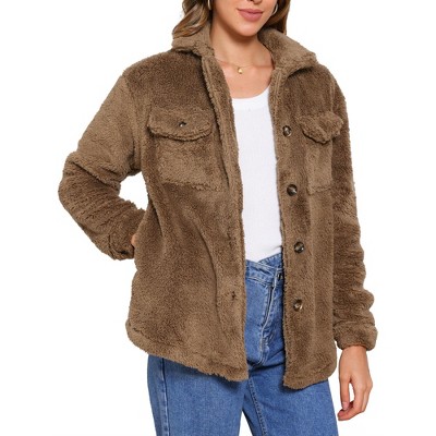 INSPIRE CHIC Women's Faux Fur Lapel Collar Button Down Outerwear Fleece Jacket