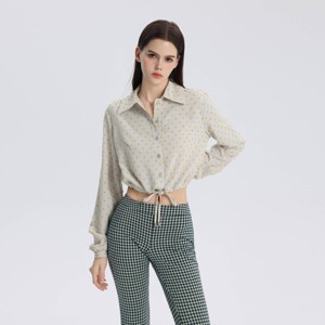 Women's Long Sleeve Cropped Button-Down Shirt - Wild Fable™ Gray/Honey Yellow Floral - 1 of 4