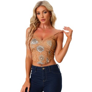 Allegra K Women's Cami Retro Floral Print Mesh Lace Sleeveless Crop Top - 1 of 4