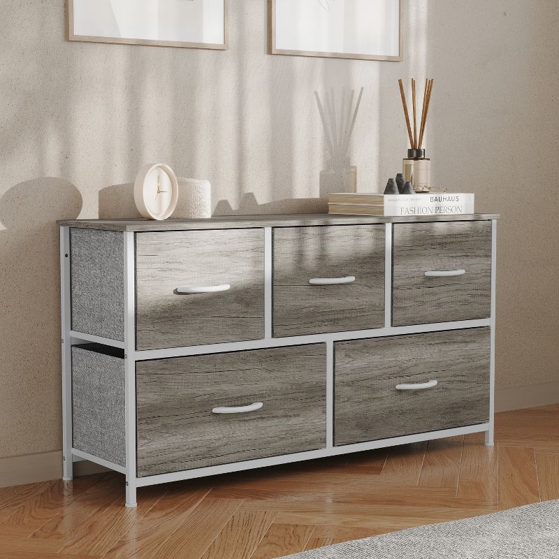 Flash Furniture Harris 5 Drawer Vertical Storage Dresser with Cast Iron Frame, Wood Top, and Easy Pull Fabric Drawers with Wooden Handles, 4 of 12
