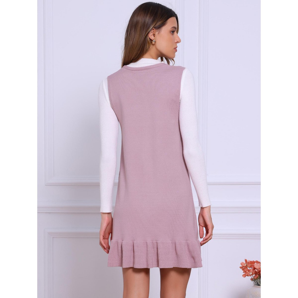 Женские платья INSPIRE CHIC Women's V Neck Ruffle Hem Sleeveless Pullover Knit Sweater Vest Dress X-Large Dusty Pink — фото 3