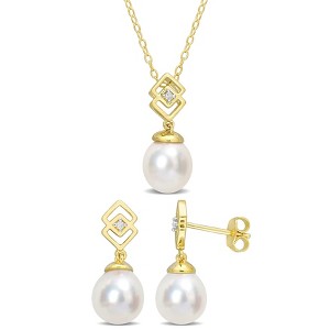 EVERLY JEWELRY | Yellow Plated Sterling Silver 8-9mmCultured South Sea Pearl and White Topaz 2-Piece Drop Necklace and Earrings Set - 1 of 4