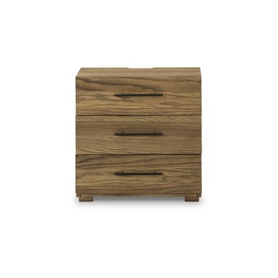 Brown Oak Veneer 3-Drawer Nightstand with Black Iron Pulls