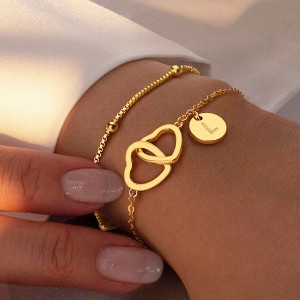 Turandoss 2PCS 18K Gold Disc Initial Bracelet for Women Girls, Dainty Satellite Chain Heart Bracelets Hypoallergenic, Birthday Gifts for Women - 1 of 4