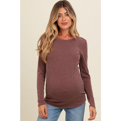 PinkBlush Brown Ribbed Scoop Neck Long Sleeve Maternity Top